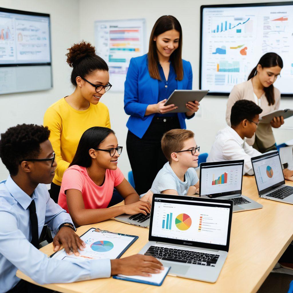 A diverse group of students engaging with technology in a bright, modern classroom, showcasing various online assessment tools on their laptops and tablets. Visual elements of charts and graphs representing progress and feedback in the background, symbolizing mastery and growth. The atmosphere conveys collaboration, enthusiasm, and innovation in learning. super-realistic. vibrant colors. white background.