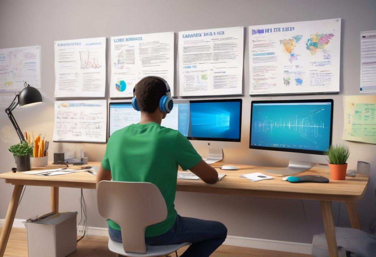 A student sitting at a modern desk, focused on a laptop with multiple screens showing digital exam interfaces and strategy notes. Surrounding the desk are tools for remote learning, such as headphones and notebooks, with a motivational poster in the background. The color palette is bright and engaging, suggesting productivity and innovation. Include a blend of technology and education elements, conveying a sense of achievement and success. vibrant colors. super-realistic. 3D.