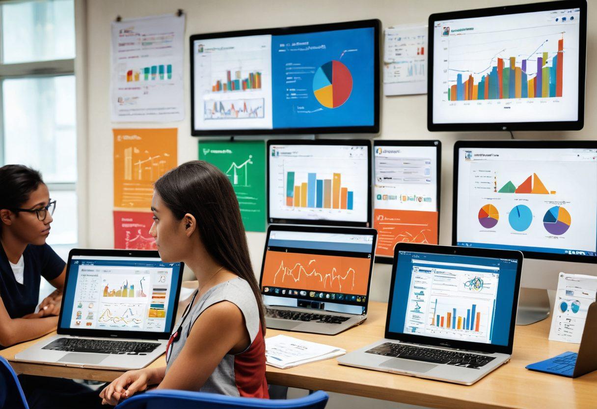 A vibrant digital landscape showcasing various e-assessment tools on sleek devices like laptops and tablets. A diverse group of focused students engaging with these tools, surrounded by colorful graphs, charts, and digital progress bars. The environment exudes a sense of innovation and motivation, highlighting the integration of technology in learning. super-realistic. bright colors. dynamic composition.